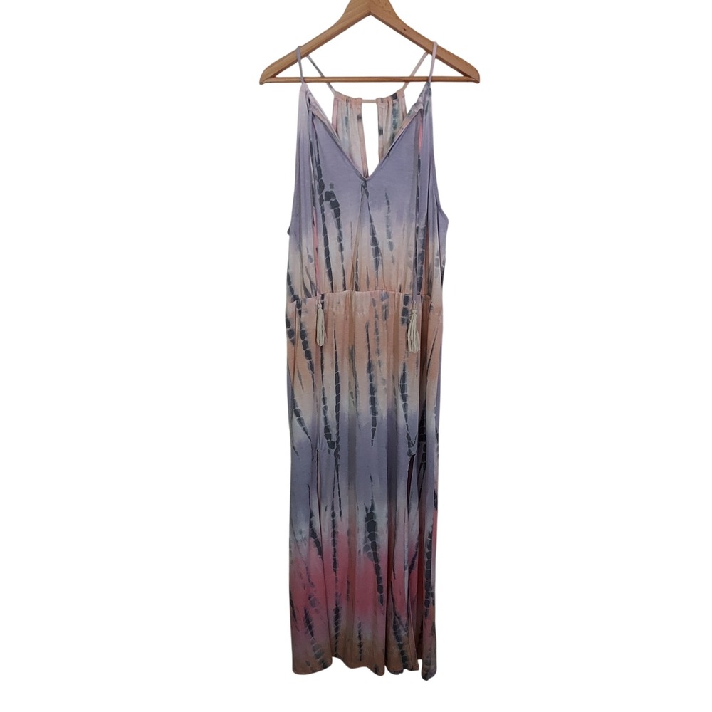 Venus Boho Tie Dye Maxi Dress XL Purple Pink Peach Tassel V-Neck Sleeveless